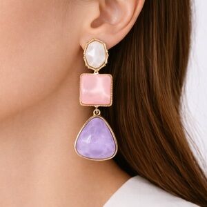 Geometric Tiered Drop Earrings – White Pink Purple